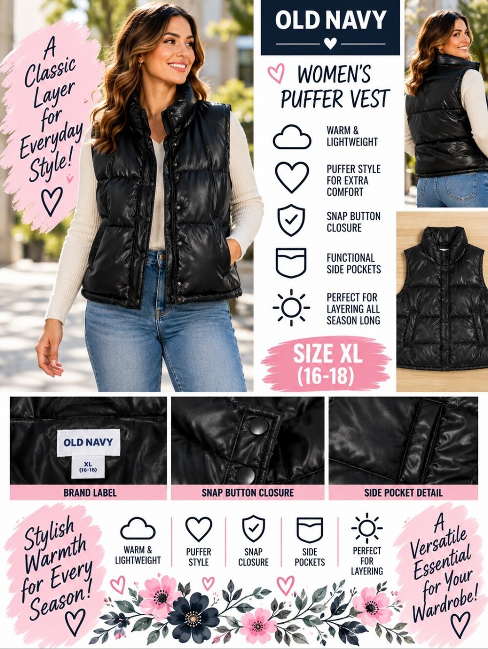 Old Navy Black Puffer Vest Women's Size XL #35